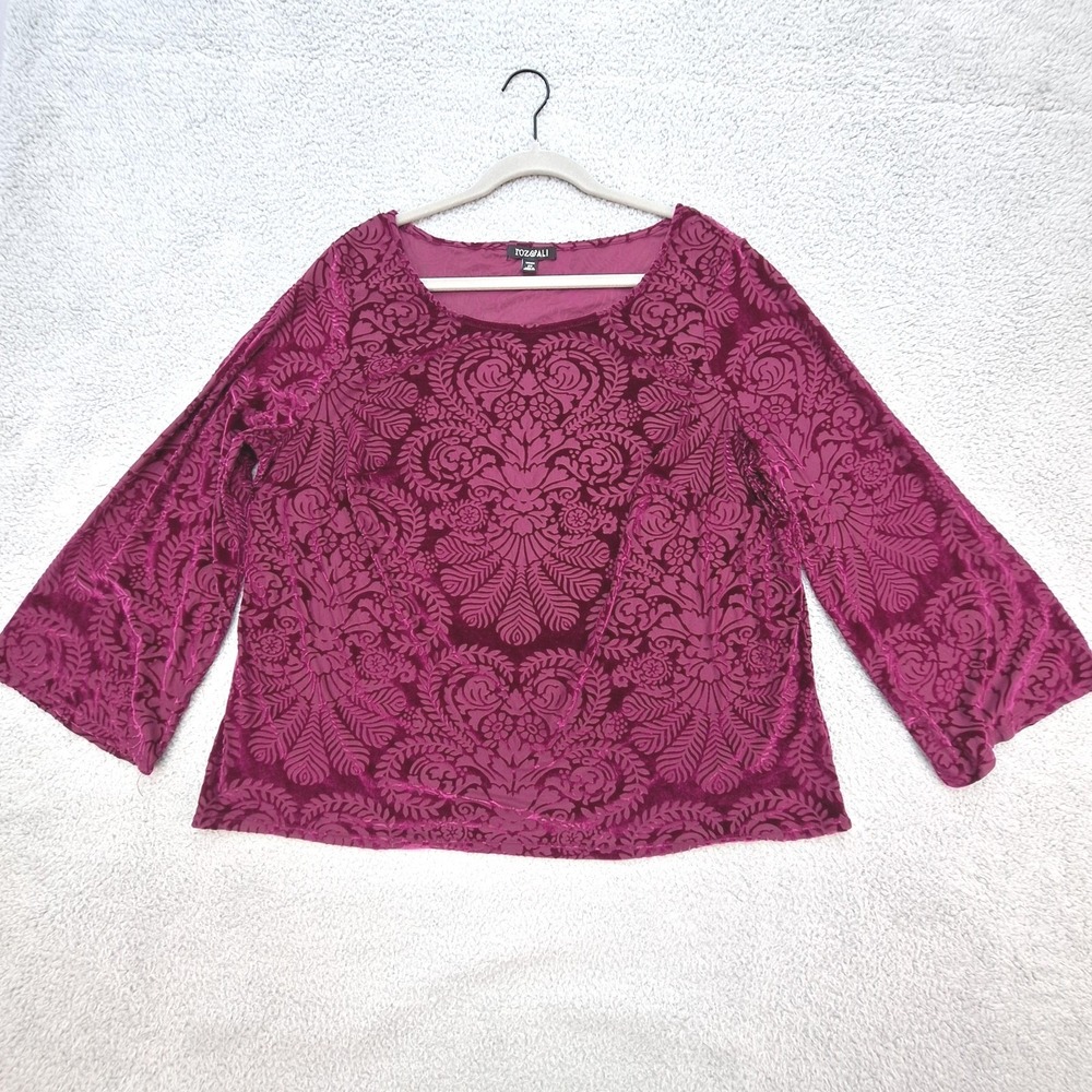 Roz & Ali Blouse Womens 2X Purple Velvet Burnout Damask Bell Sleeve Elegant Top